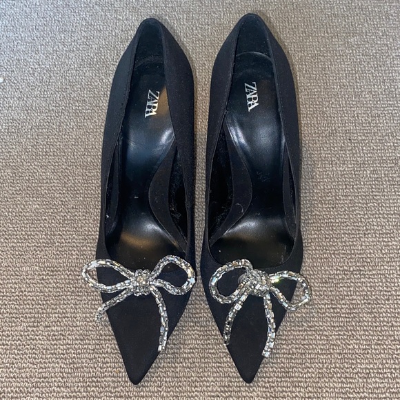 Zara Shoes - Zara Black Heels with Silver Rhinestone Embellished Bow sz 39